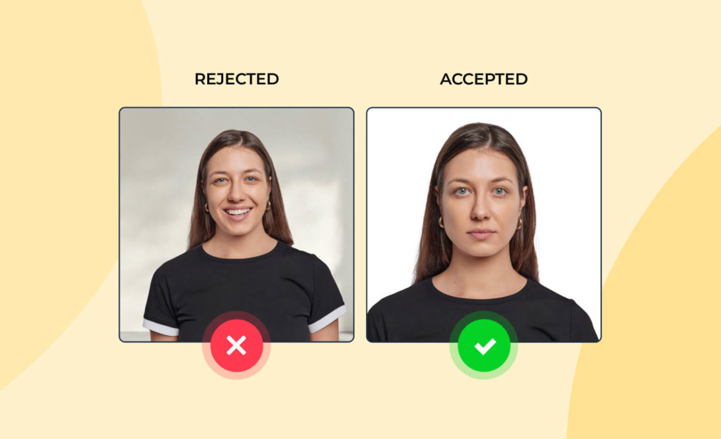 Passport Photo Rules Side-by-side comparison showing passport photo rules with an accepted image featuring a neutral expression and plain background, and a rejected photo with a smile and textured backdrop.
