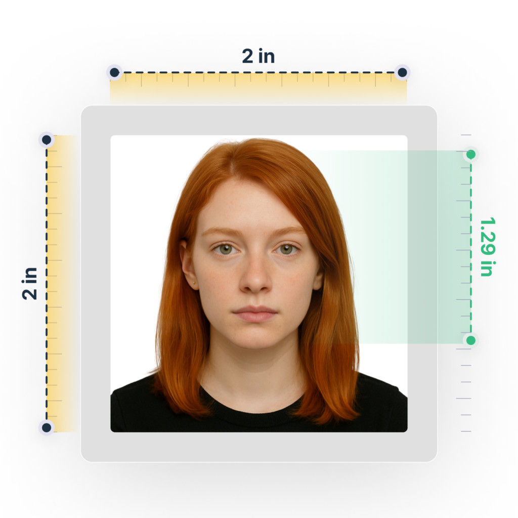 Passport photo size in inches graphic showing a 2x2 inch layout with precise head measurements for official U.S. passport photo requirements.