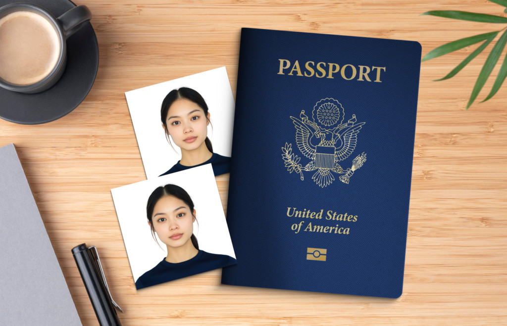 U.S. passport book next to two printed passport pics of a woman on a wooden surface, representing typical passport photo prints.