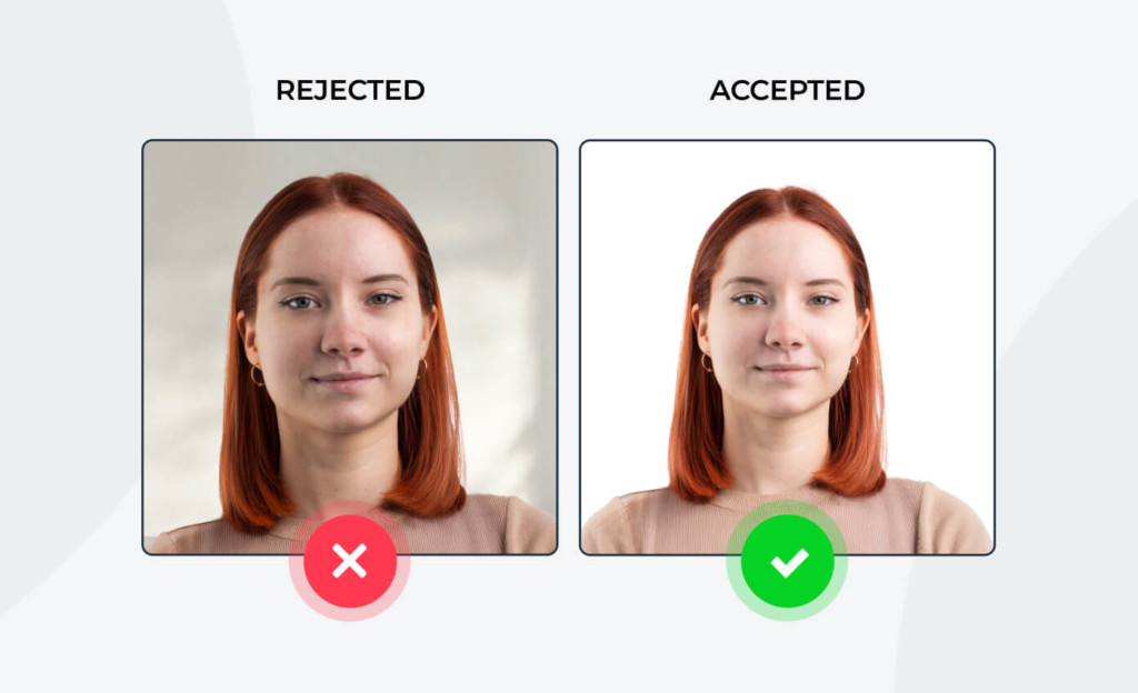 Passport Picture Requirements Side-by-side comparison illustrating passport picture requirements, showing an accepted photo with proper lighting and background next to a rejected example with shadows and uneven exposure.