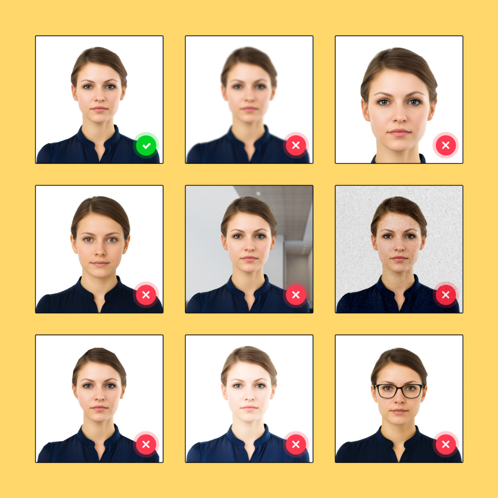 Passport picture rules illustrated with a 3x3 grid of headshots showing accepted and rejected passport photo examples, highlighting common mistakes like blurriness, glasses, and poor backgrounds.