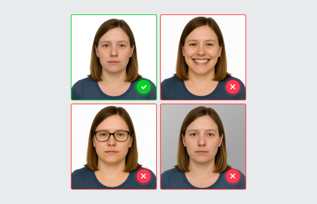 Passport pictures requirements shown with correct and incorrect photo examples, including smiling face, glasses, and non-neutral background to illustrate common mistakes.