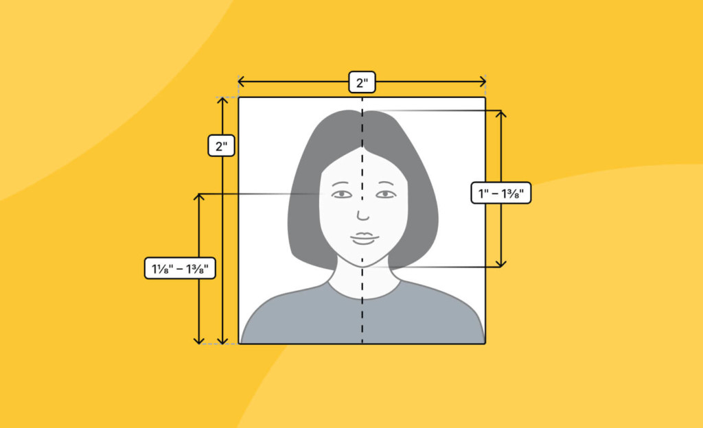 Passport Requirements Illustration showing passport requirements with a headshot measurement template, highlighting size and alignment specifications for official passport photo submissions.
