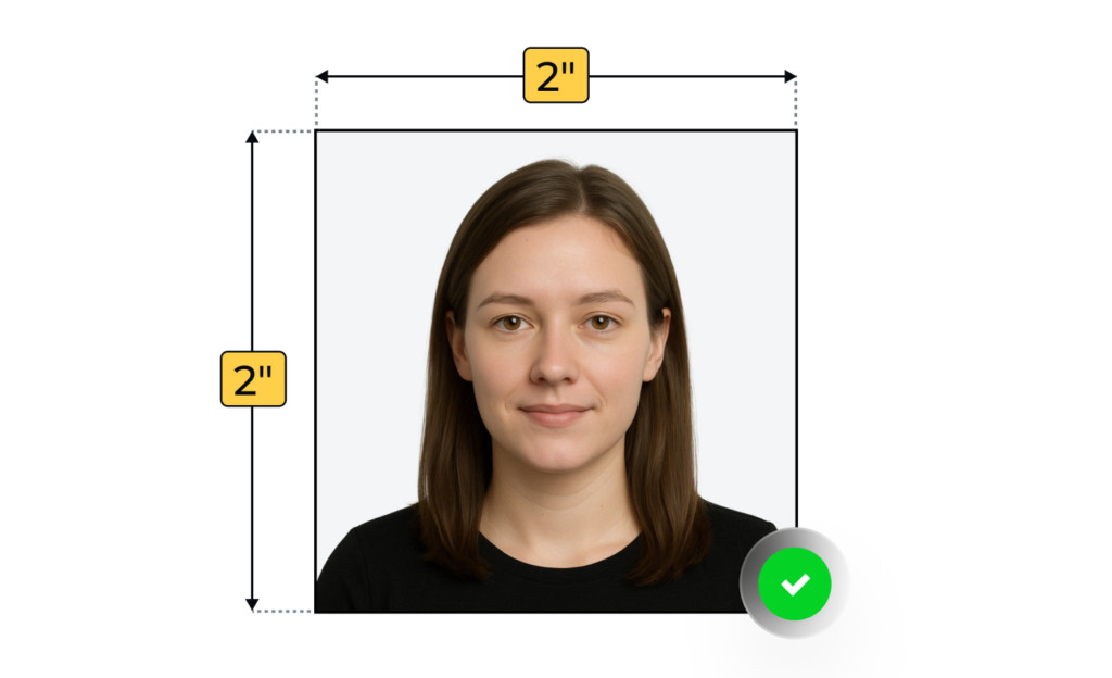 Passport size photo example with a 2x2 inch frame and centered subject, showing correct composition and dimensions for official passport photo requirements.