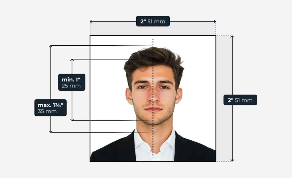 Passport size photo dimensions template with a centered subject, showing precise U.S. passport photo size in inches and millimeters, including head height and positioning guidelines.