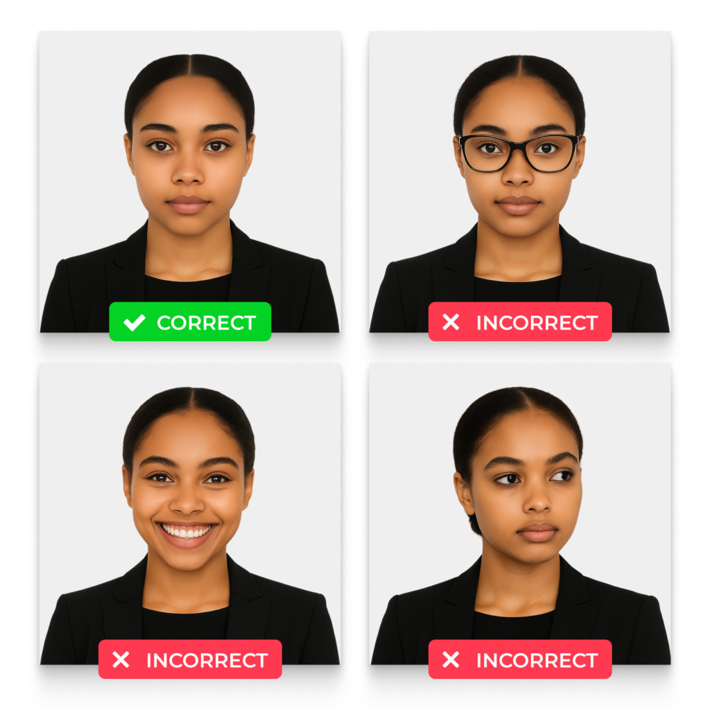 Photo for passport examples featuring a woman with correct and incorrect photo styles, including variations in expression, glasses, and background.