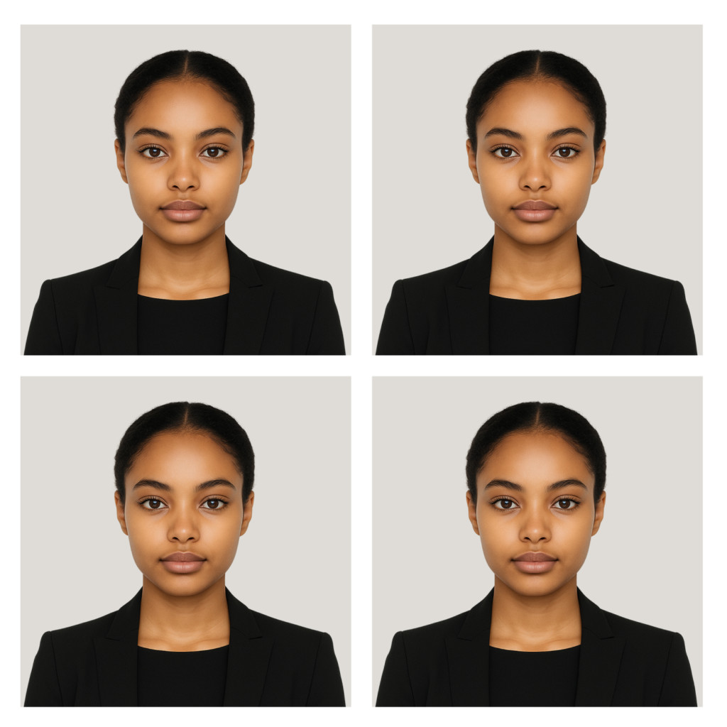 Photo passport sheet showing four identical professional headshots of a woman in business attire on a light gray background, prepared for official passport use.