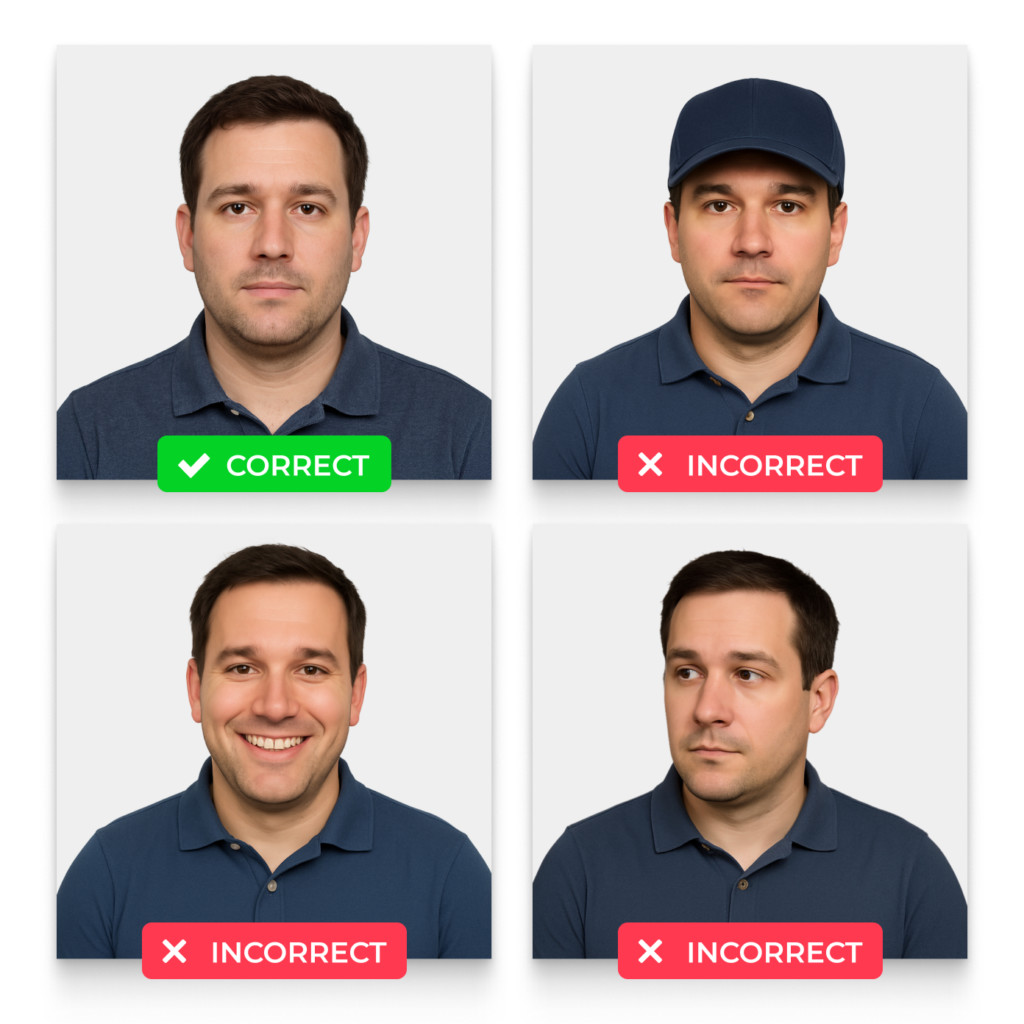 Photos for passport with clear comparisons of acceptable and unacceptable passport photo styles, showing diverse individuals and typical mistakes.