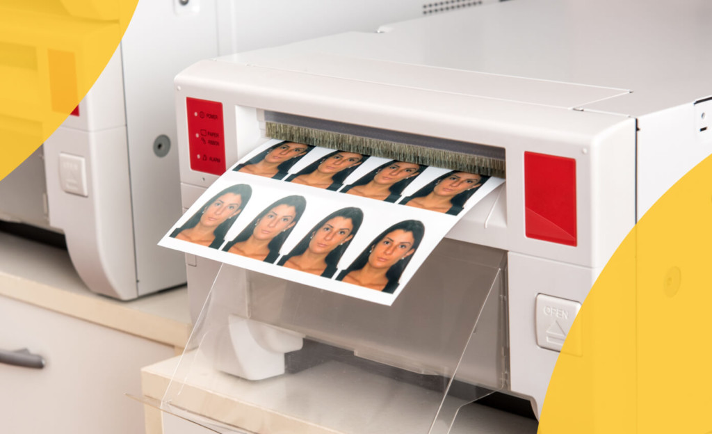Print Passport Photo Photo printer producing multiple headshots on a sheet to print passport photo, clearly showing the printing process used for official passport submissions.