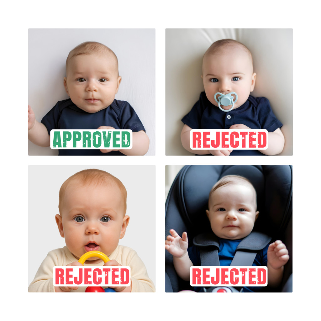 Rejected infant passport photo examples compared to an approved one, showing mistakes like pacifiers, toys, and baby seats that do not meet passport photo requirements.