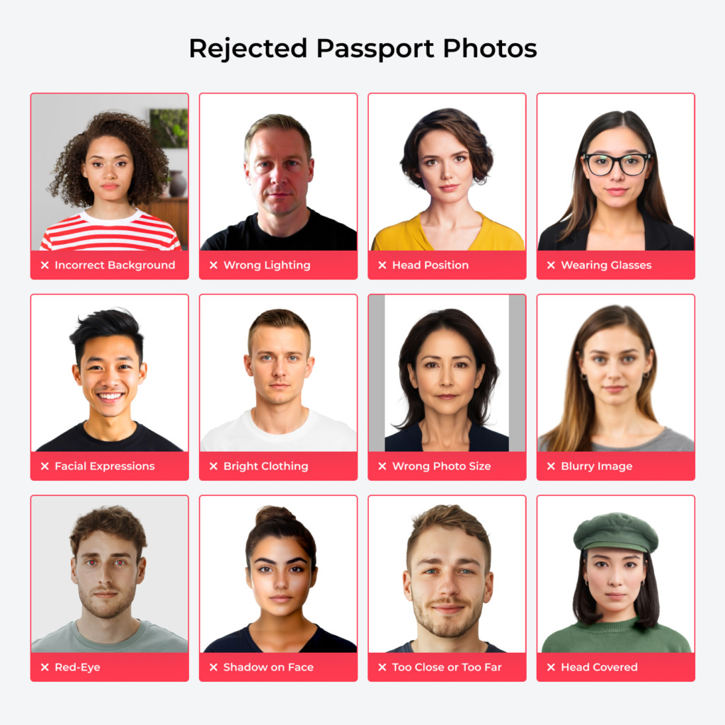Rejected passport photos showing common mistakes such as incorrect background, lighting issues, head tilt, wearing glasses, facial expressions, and improper clothing.