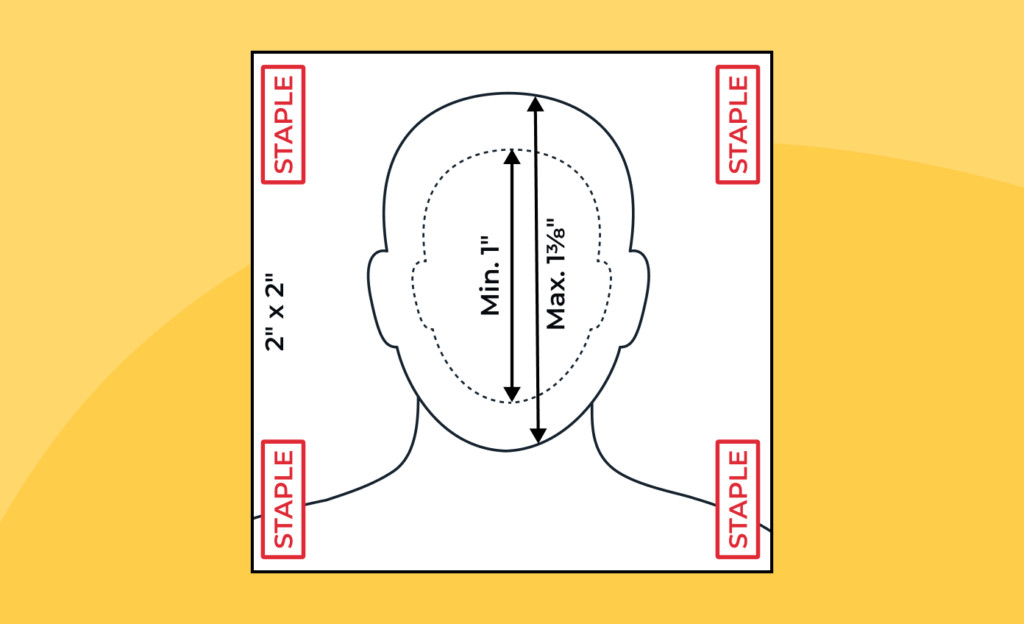 Staples Passport Photos Staples passport photos template showing correct 2x2 inch sizing, head height guidelines, and staple placement marks for attaching the photo to a document.