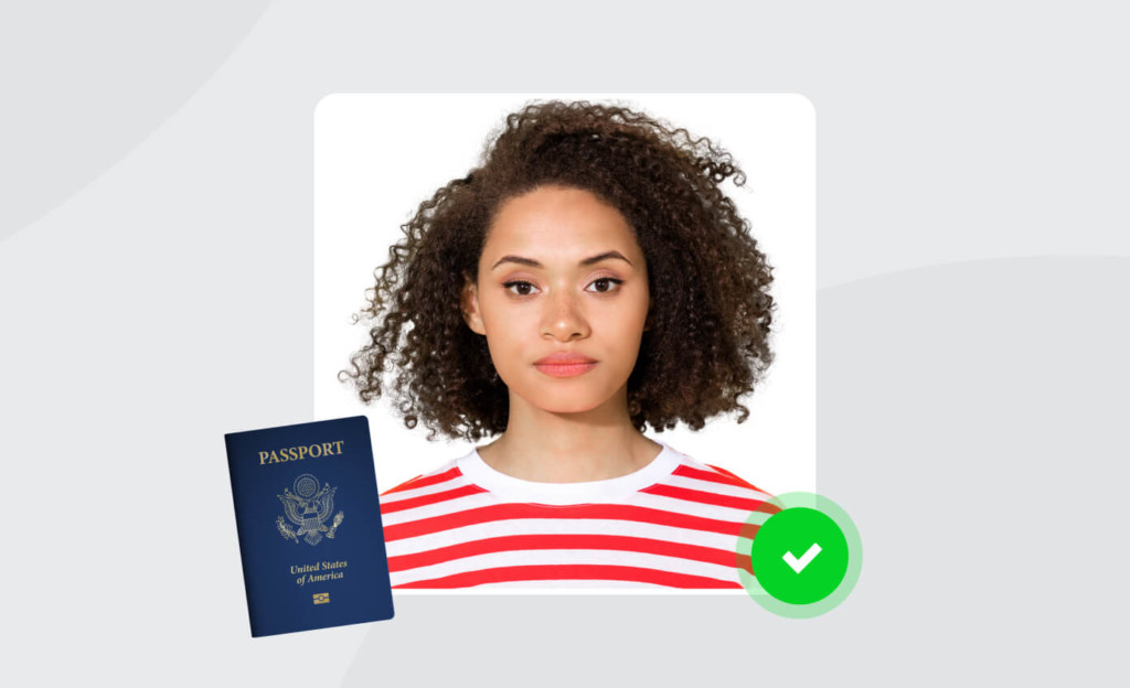 US Passport Photo Portrait of a woman centered for a us passport photo, with a U.S. passport icon and green check mark, illustrating proper composition and background for official submission.