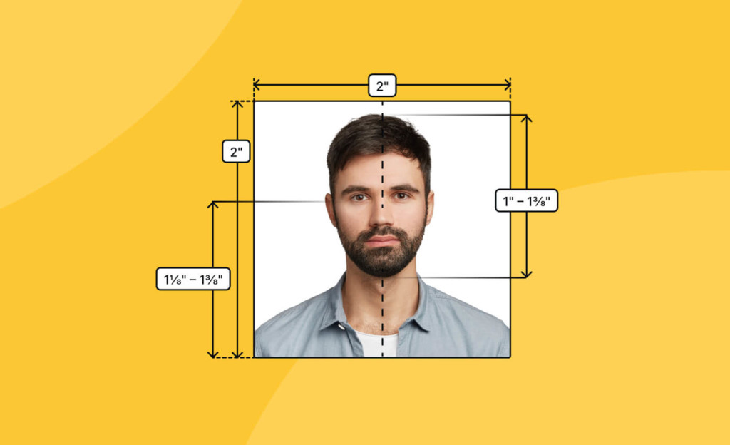US Passport Photo Requirements Clear visual guide illustrating US passport photo requirements, showing a person’s head centered within a 2x2 inch frame with precise measurements for eye level and face height.