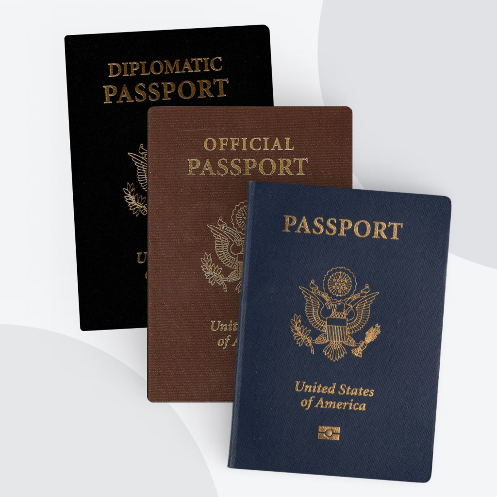 What Does A Passport Look Like Visual display of three types of U.S. passports—diplomatic, official, and regular—clearly showing what does a passport look like.