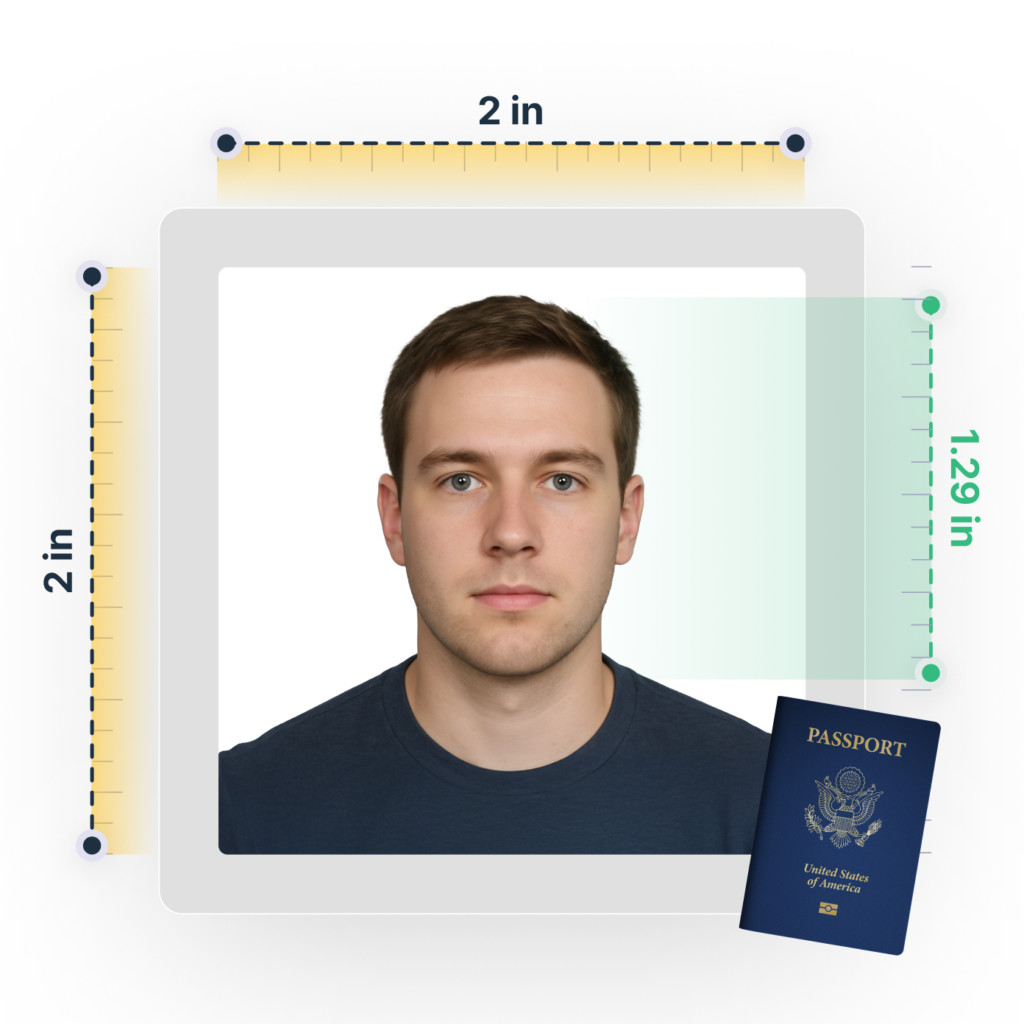 Illustration of a standard 2x2 inch passport photo template with head size requirements labeled, answering the question what size are passport photos.