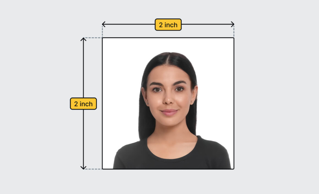 What Size Is A Passport Photo Example image answering what size is a passport photo by showing a woman centered in a 2 inch by 2 inch frame with proper alignment for official ID use.