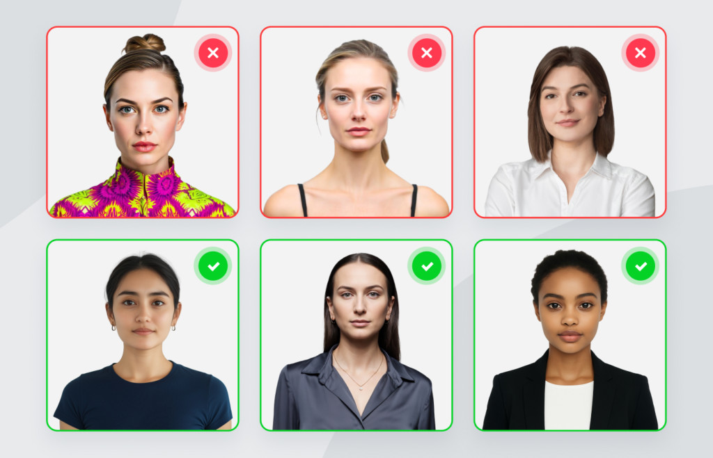 Examples of what to wear for passport photo woman, including acceptable outfits like plain tops and darker colors, and rejected options like bright patterns, low-cut tops, and uniforms.