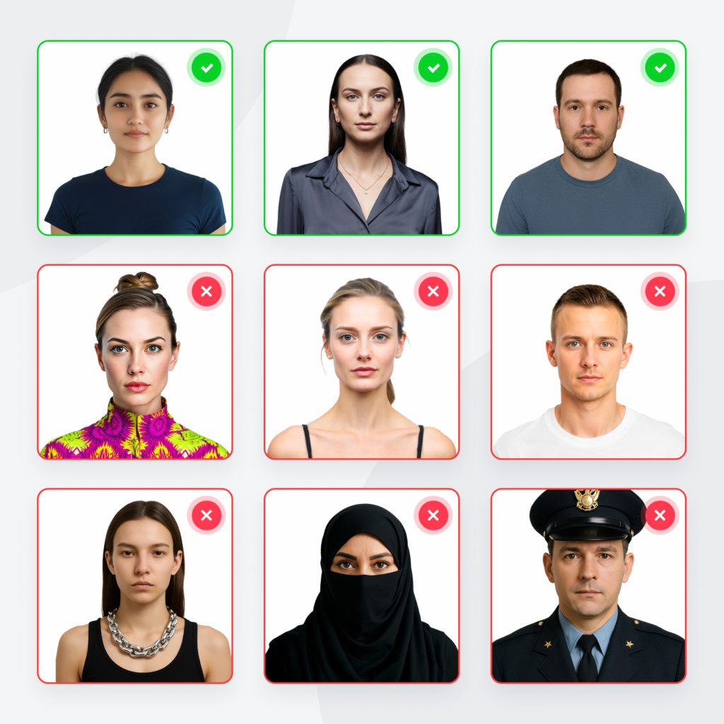 What to wear in passport photo examples showing approved attire like casual dark shirts and minimal accessories, and disallowed options like white shirts, headgear, or bulky jewelry.