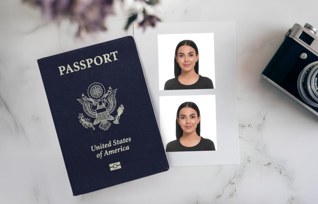Where To Print Passport Photos Printed sheet with two passport photos placed beside a U.S. passport and camera, illustrating a typical setup for where to print passport photos at home or a local service.