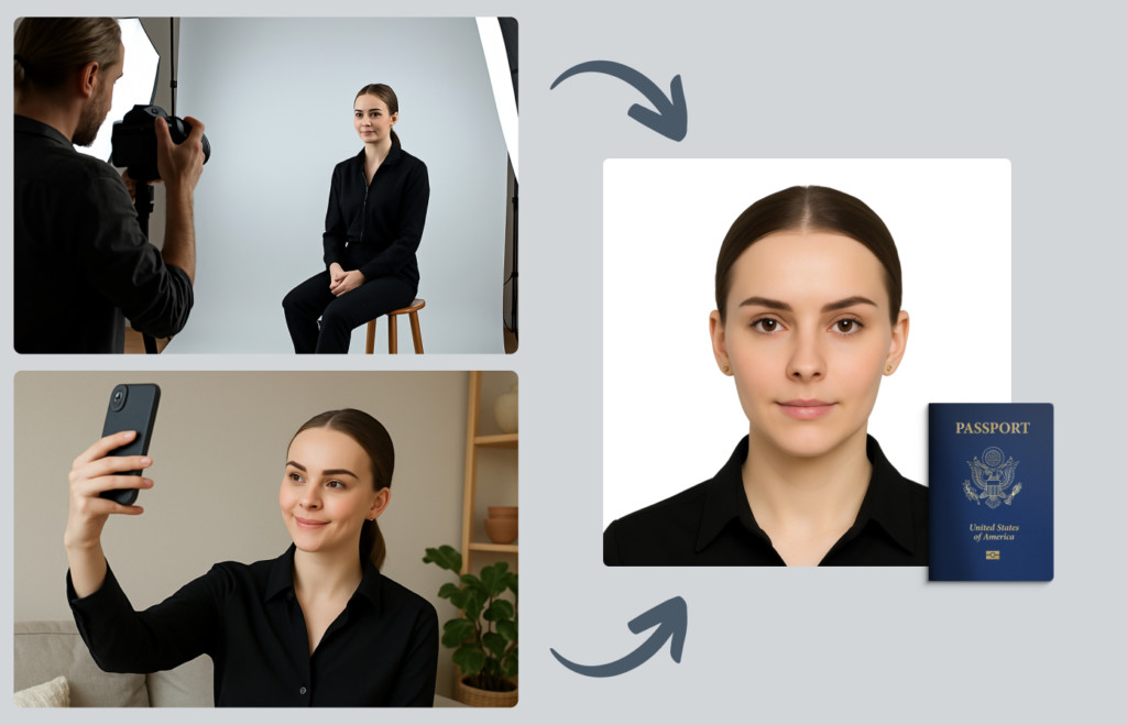 Two-part visual showing who does passport photos—one photo taken at a studio and another captured at home with a smartphone.