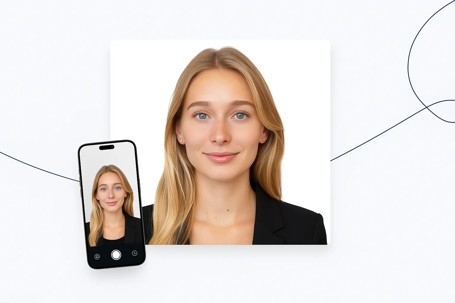 Woman taking a passport photo with her phone, showing the final digital image on screen against a plain background