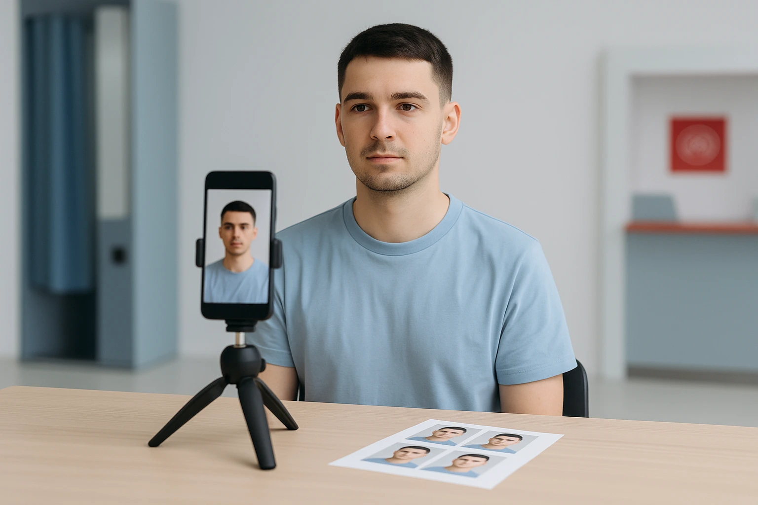 Young man having his UK passport photo taken with a smartphone on a tripod.