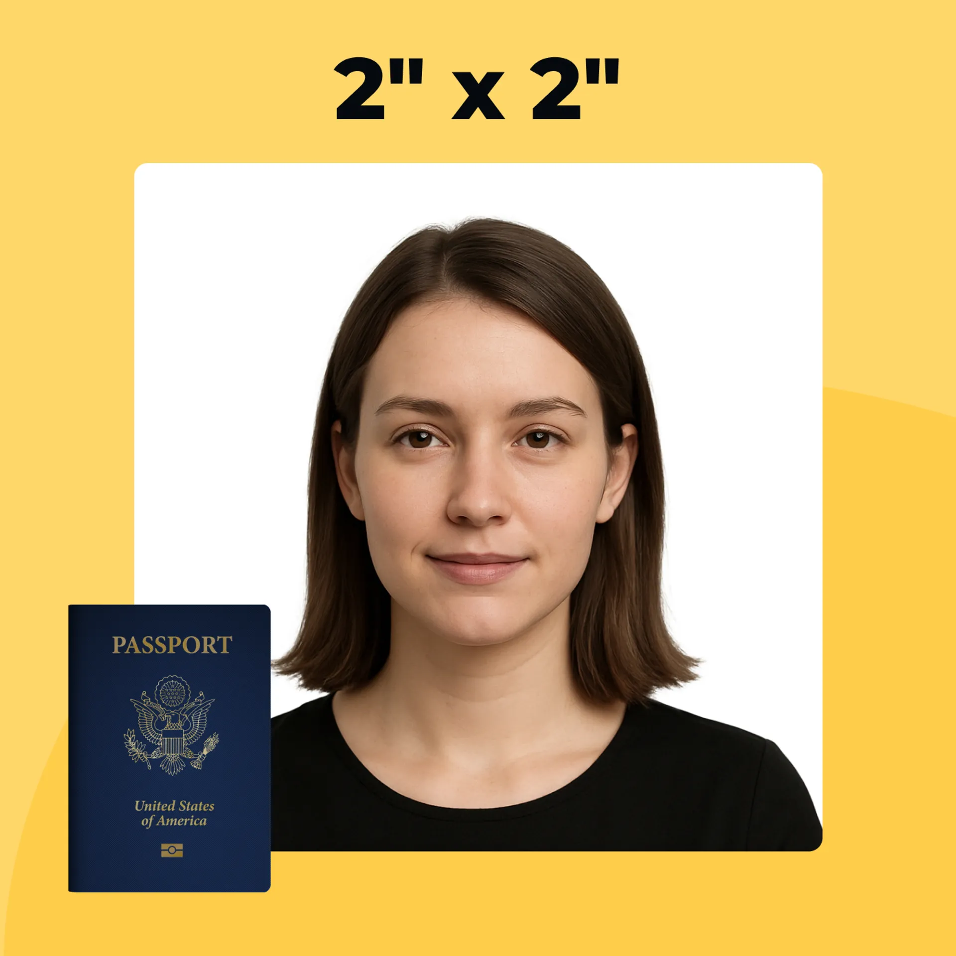 2x2 passport photo showing correct dimensions and centered subject with a U.S. passport in the frame, illustrating standard U.S. passport photo size requirements.