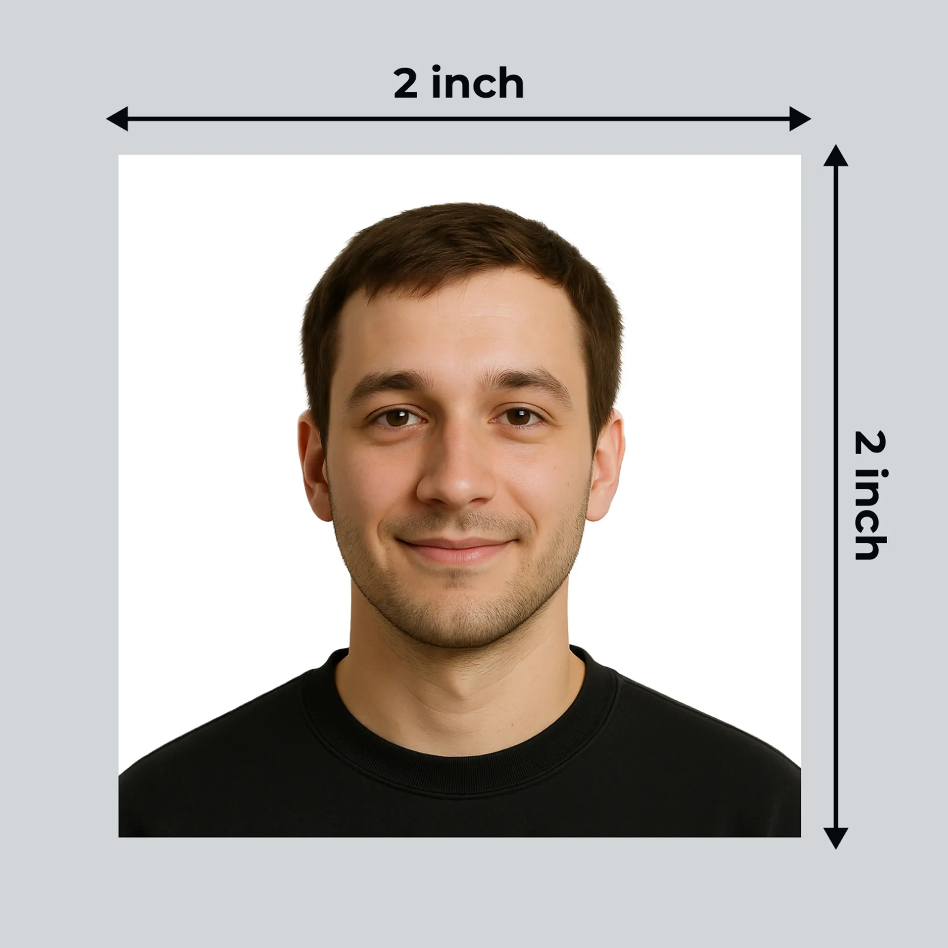 2x2 photo example showing a centered subject with correct dimensions for a U.S. passport photo, featuring clearly marked width and height in inches.