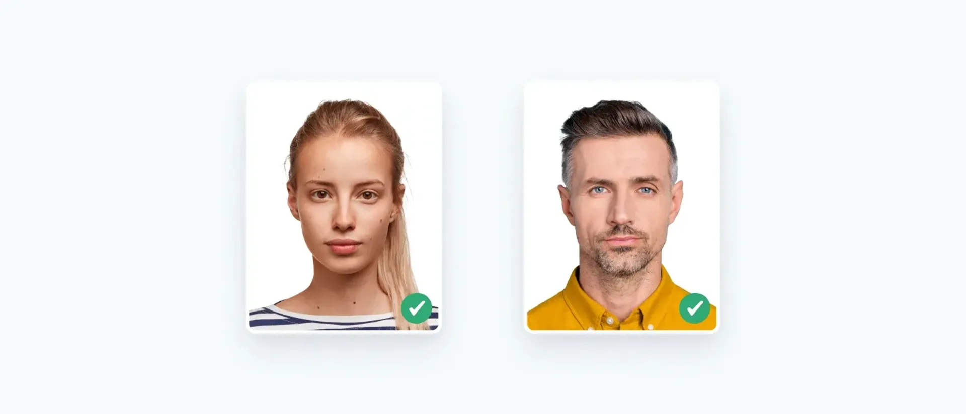 Examples of compliant French passport photos (male & female).