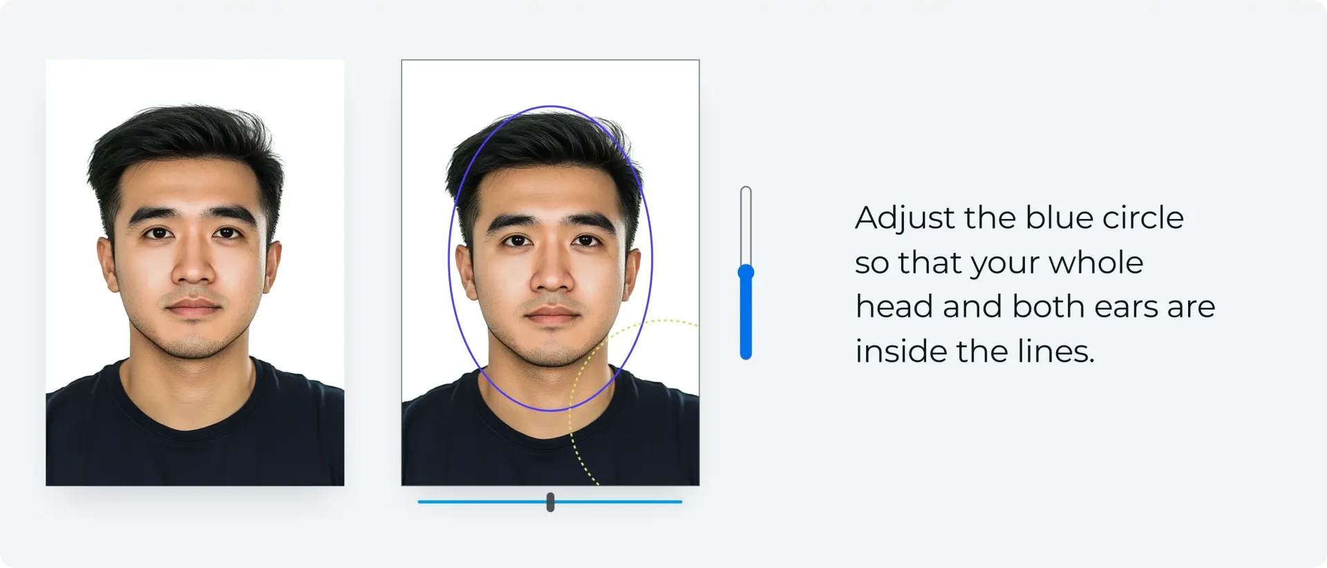 Adjusting a digital Malaysia passport photo in an online renewal application wizard.