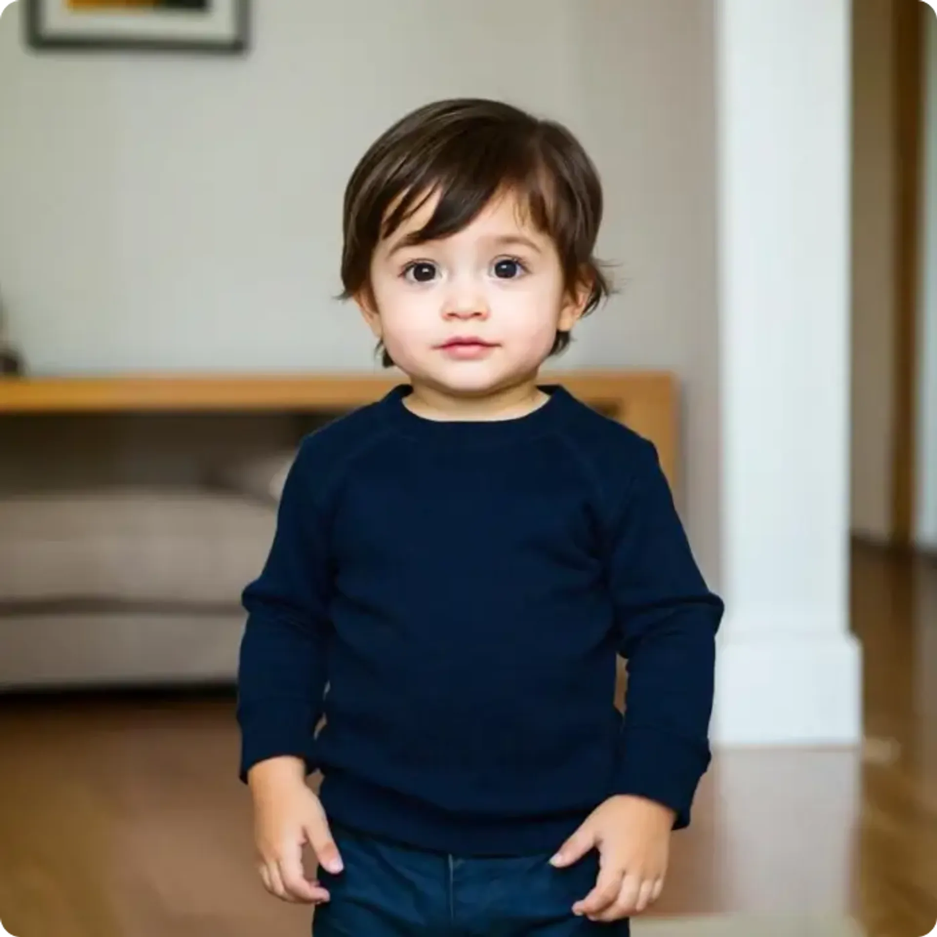 Baby wearing dark clothes and posing for a passport photo.