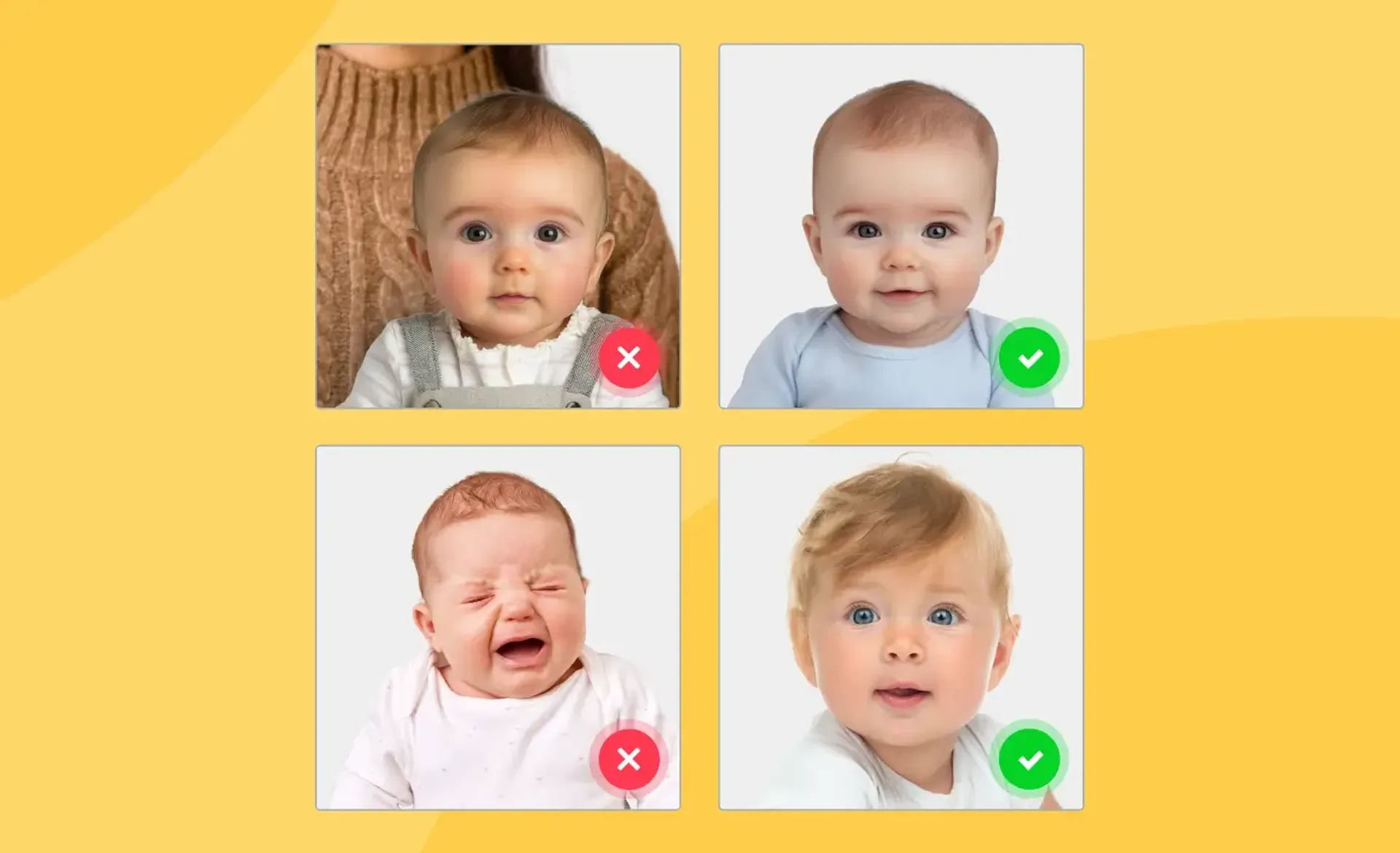 Visual comparison of baby passport photo examples showing correct and incorrect submissions, including issues like crying, a visible parent, and ideal lighting and background.