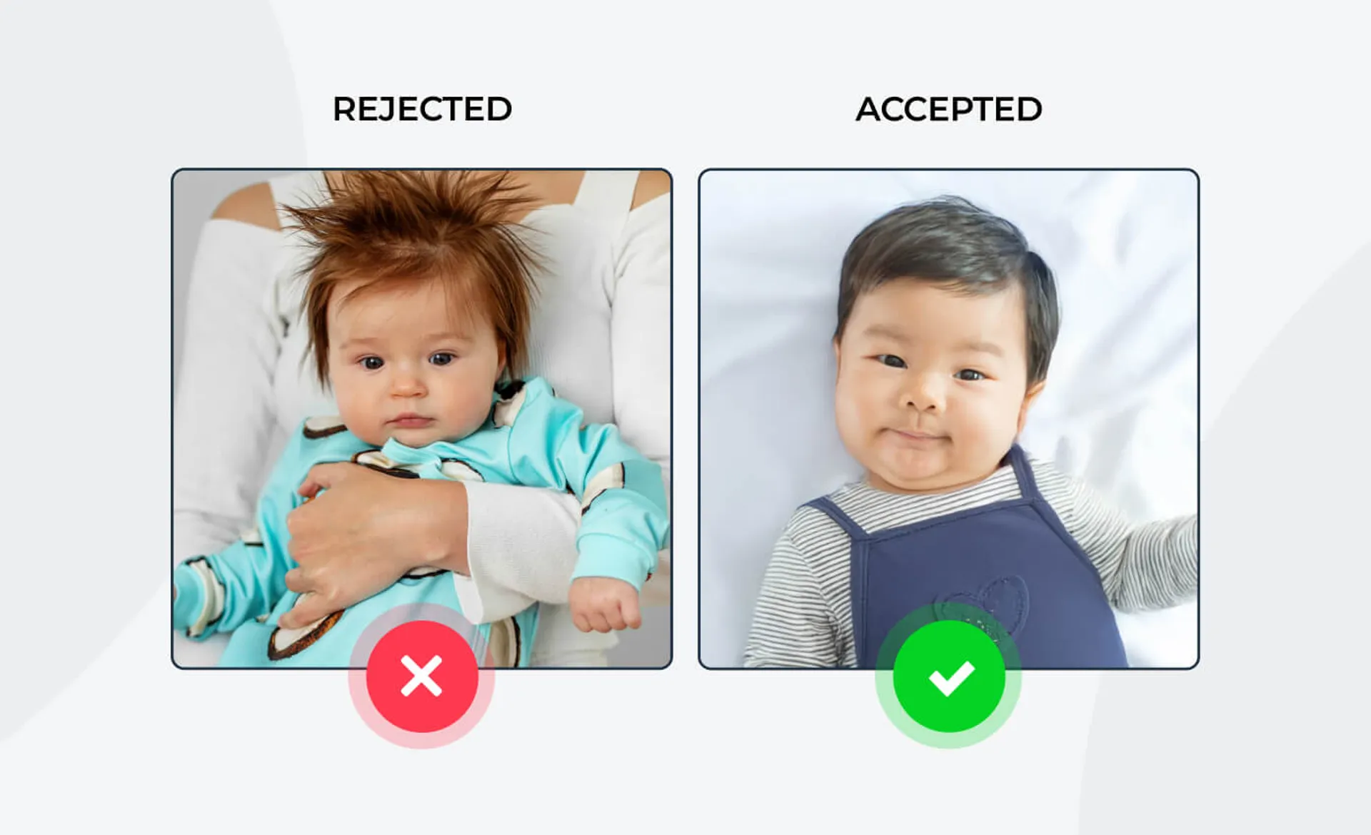 Side-by-side comparison of baby passport photo showing an accepted image with proper background and visibility, and a rejected image with a visible supporting hand.