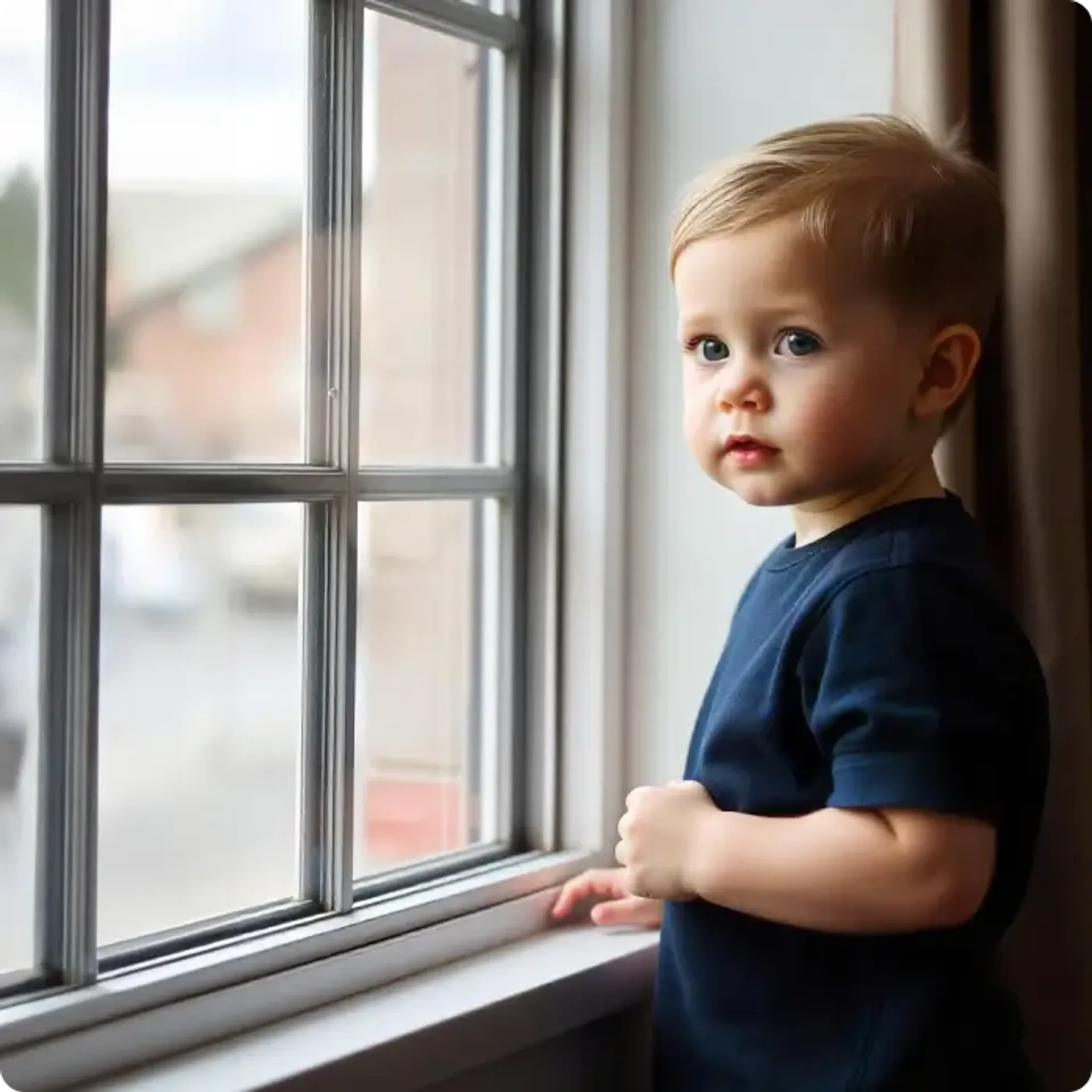  Baby standing by a window, ready to pose for a passport photo.