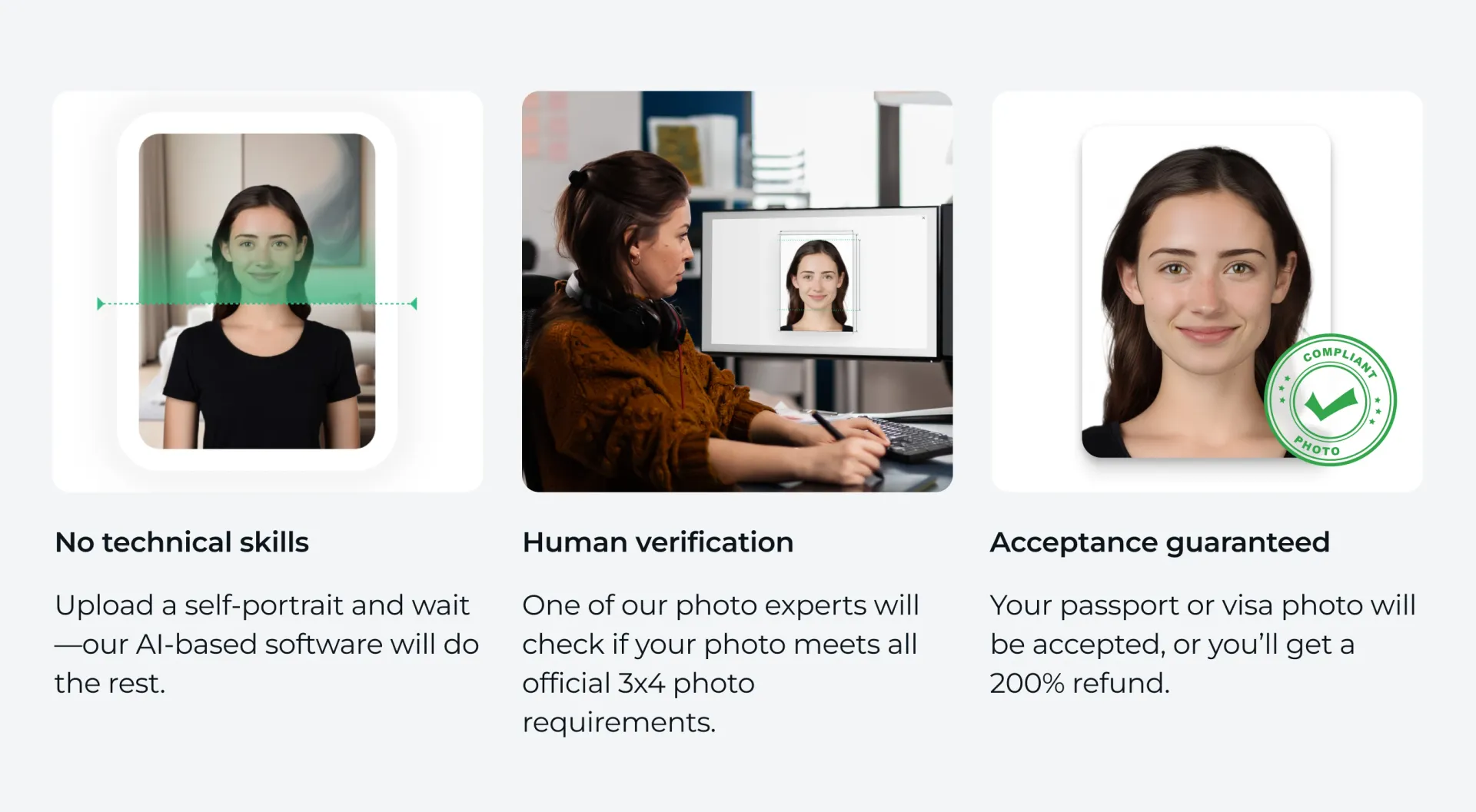Benefits of using PhotoAiD to make compliant 3x4 cm photos: Human verification, simple process, and an acceptance guarantee.