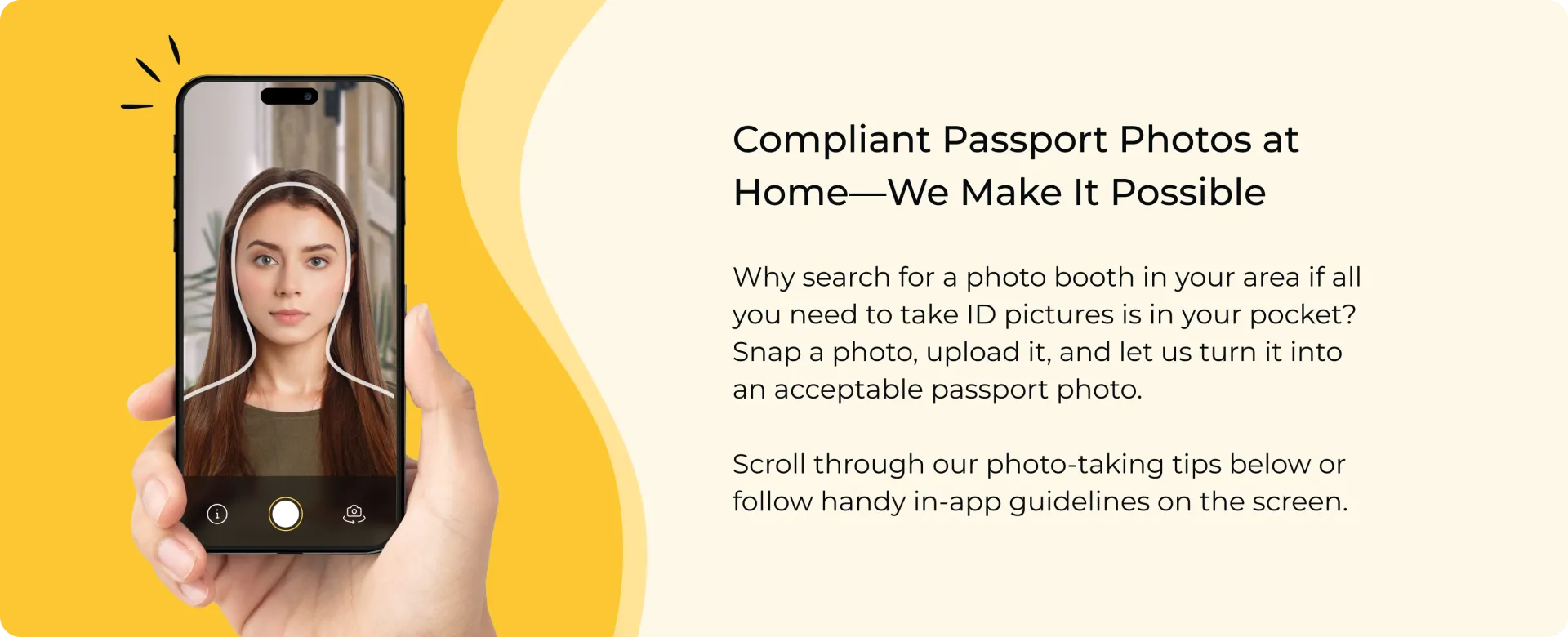 Steps explaining that you can get passport photos that meet government requirements using only a mobile app at home