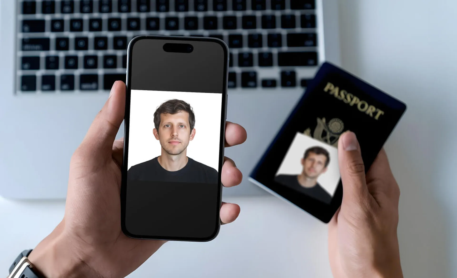 Person holding a phone displaying a digital passport photo with a printed version beside a U.S. passport, illustrating a modern example of a digital passport photo in use.