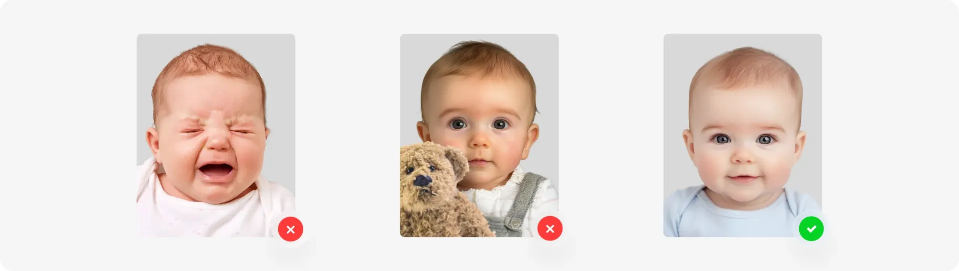 Examples of bad children’s visa photos (crying, holding toys) and good (neutral facial expression).