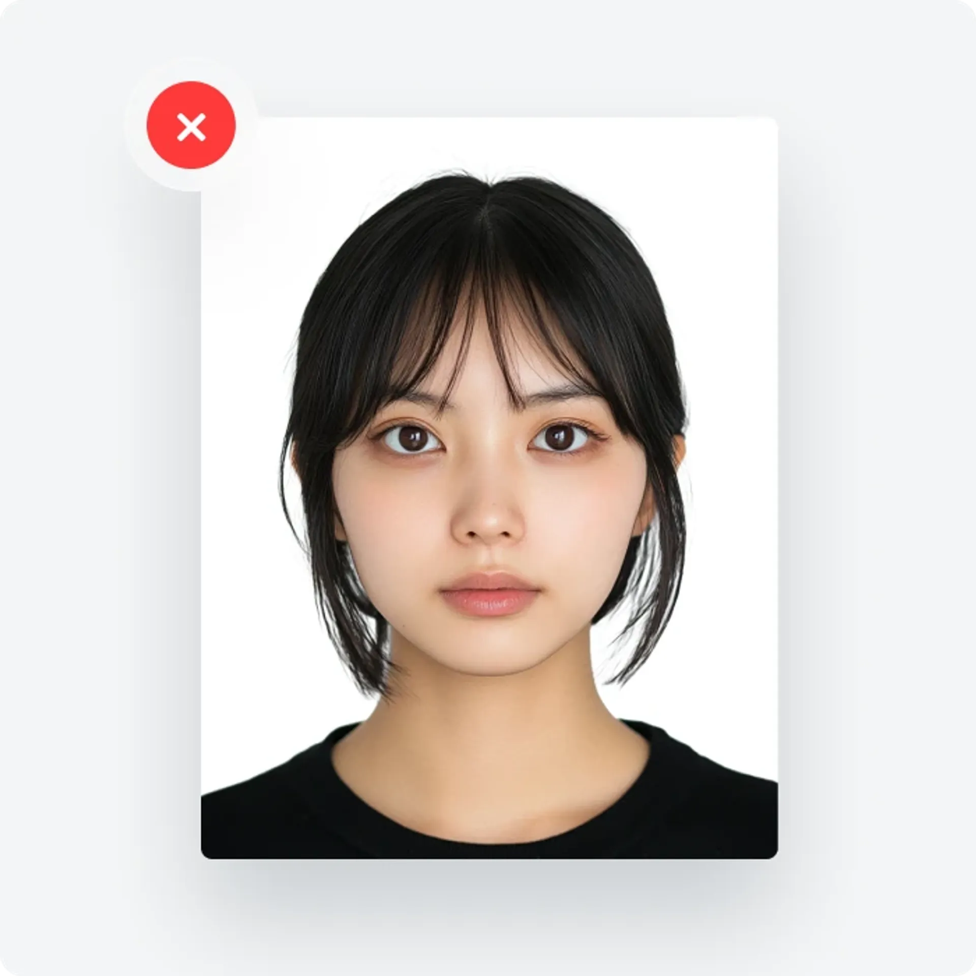 Unacceptable passport photo with the hair covering the applicant’s ears and eyebrows.