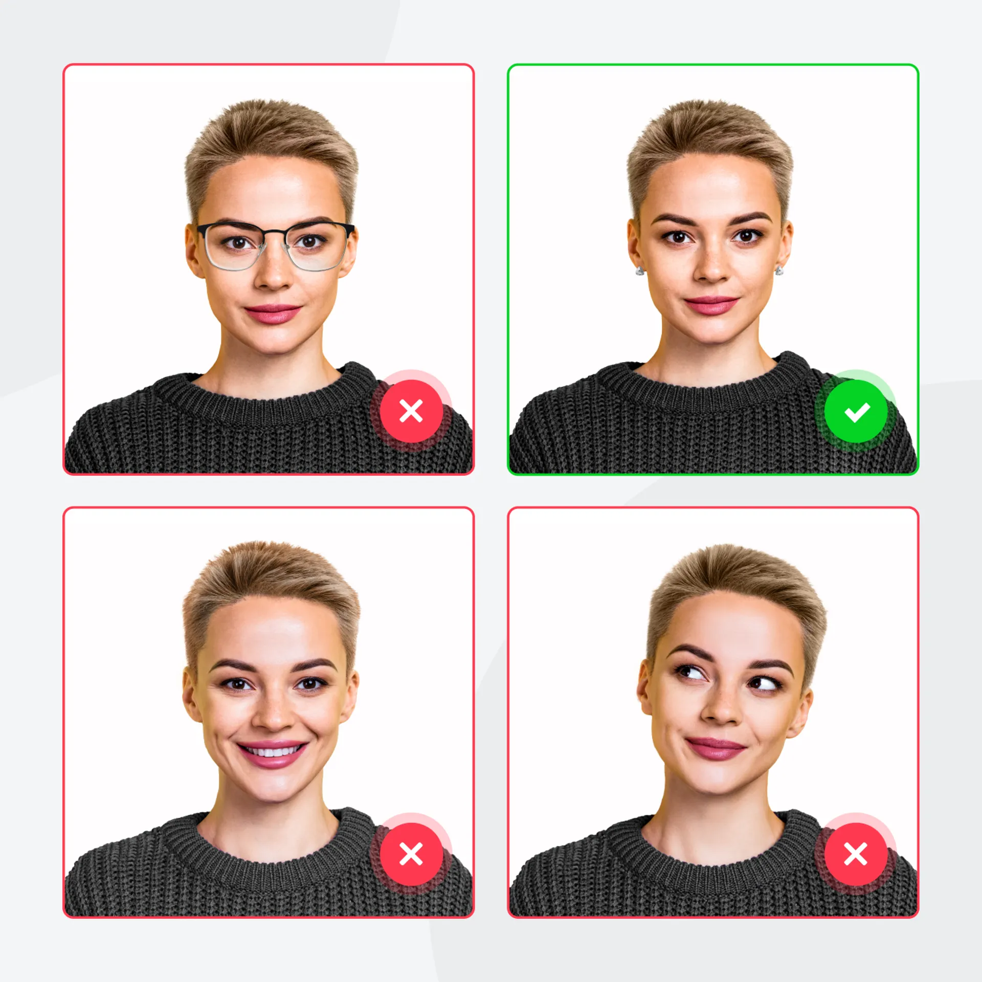 Visual guide showing how to take a passport photo correctly at home, including common mistakes like smiling, head tilt, or glasses.