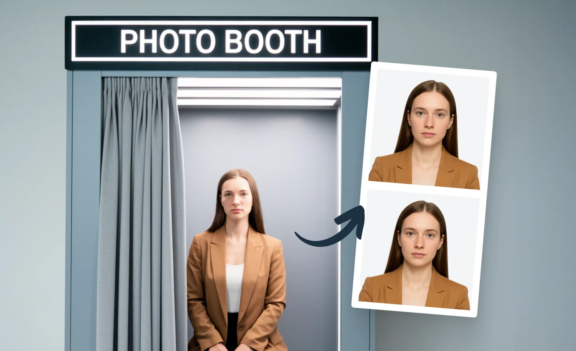 Passport photo booth setup with a woman taking a photo and printed passport pictures, ideal for illustrating in-person passport photo services.