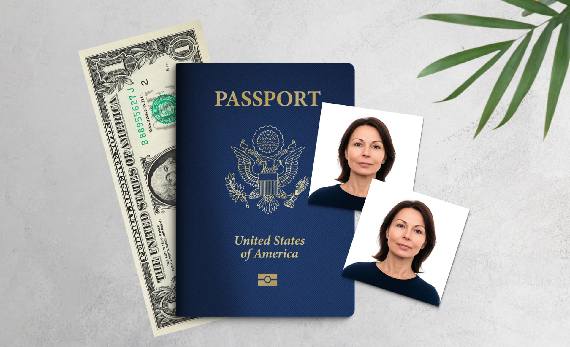 Passport photo price illustration featuring a U.S. passport, two printed passport photos, and a one-dollar bill on a light background, symbolizing the cost of getting passport photos.