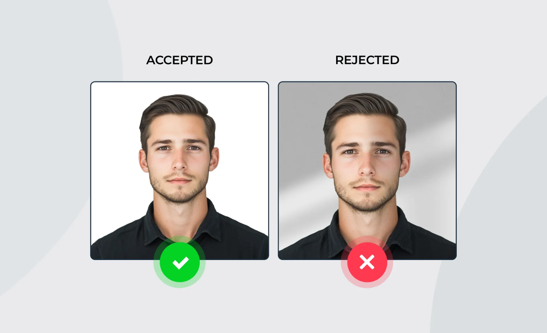 Passport photos requirements comparison showing accepted and rejected examples with differences in background quality and lighting.