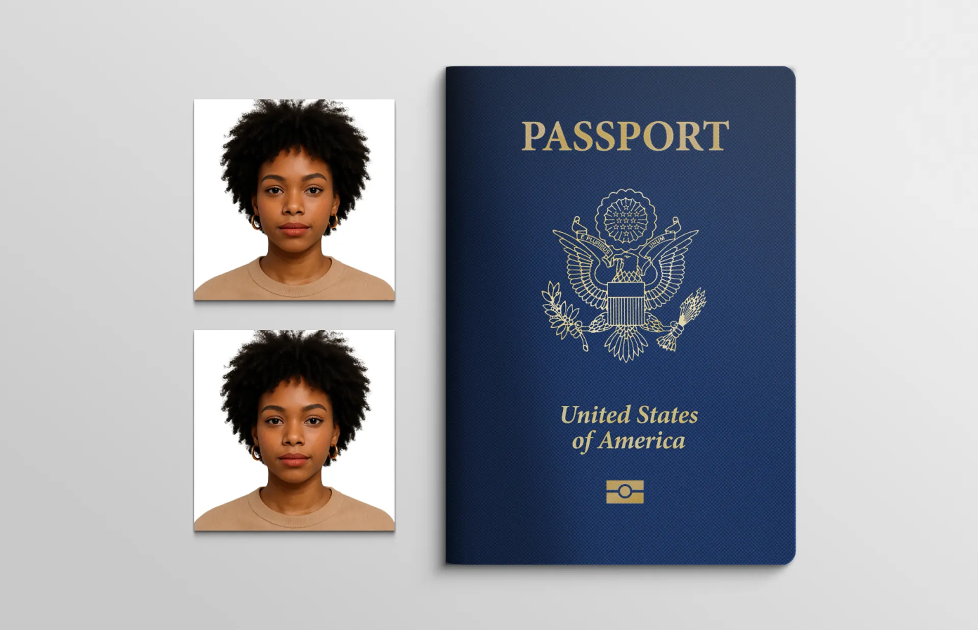 Passport pics displayed next to a U.S. passport booklet, showing how official passport photos are used in real documents.