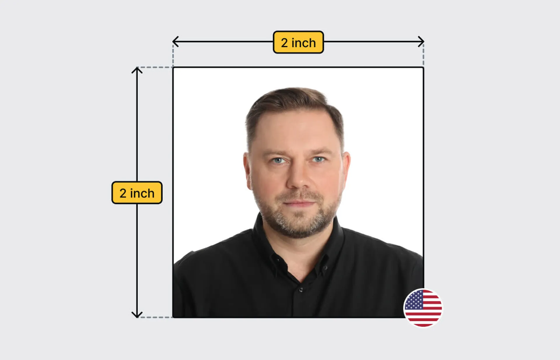 U.S. passport photo example showing correct passport picture size with a man centered in a 2x2 inch frame and measurement labels indicating proper dimensions.