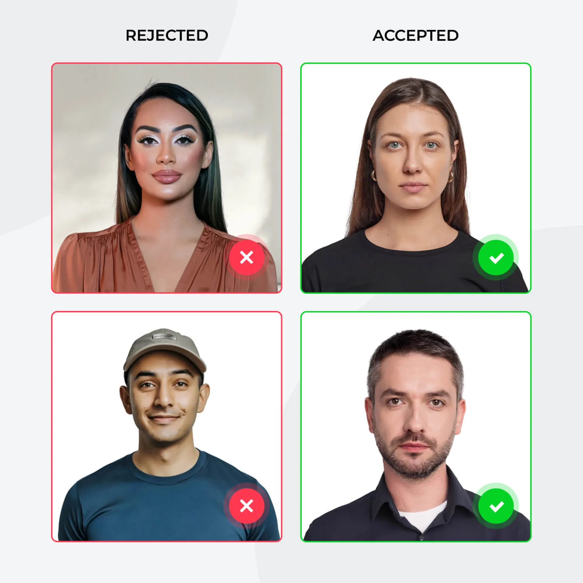 Side-by-side examples of passport style photo showing accepted images with neutral expressions and no accessories, and rejected ones featuring heavy makeup, hats, or improper facial expressions.
