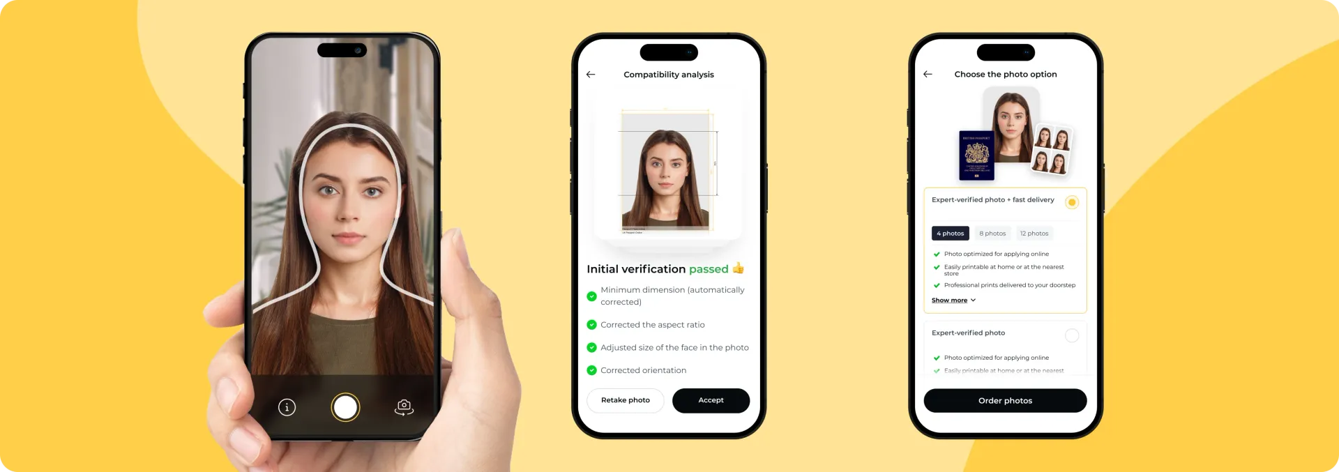 Screenshots explaining how to get a digital passport photo in three steps using PhotoAiD®, a passport photo service for taking compliant ID photos.