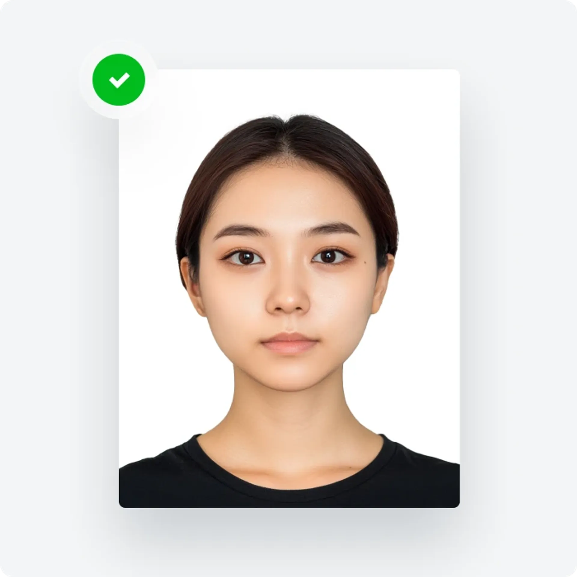 Subject’s face and ears are fully visible in a passport photo.