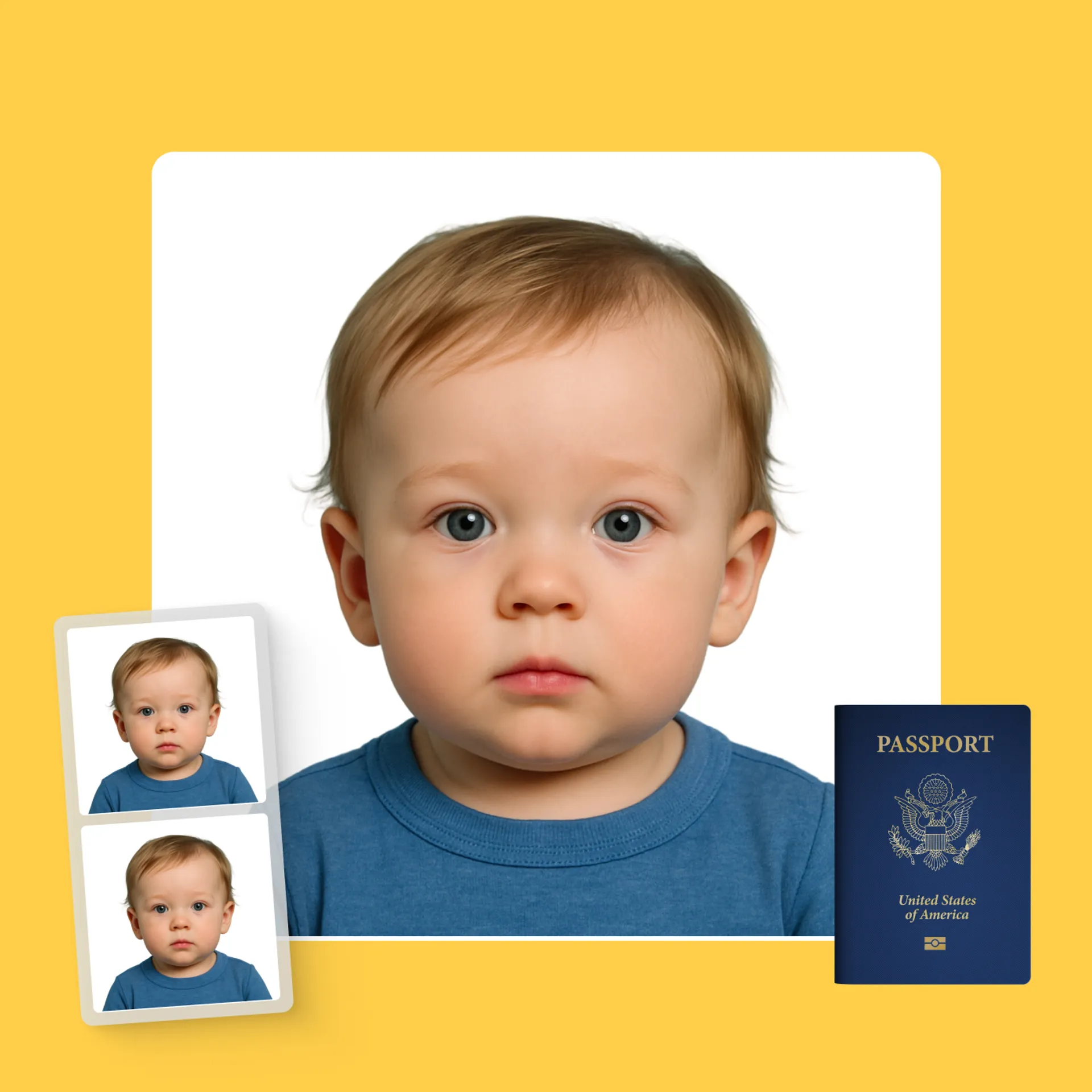 Close-up of a toddler passport photo with a U.S. passport beside it, showing correct background and facial expression for baby ID photos.